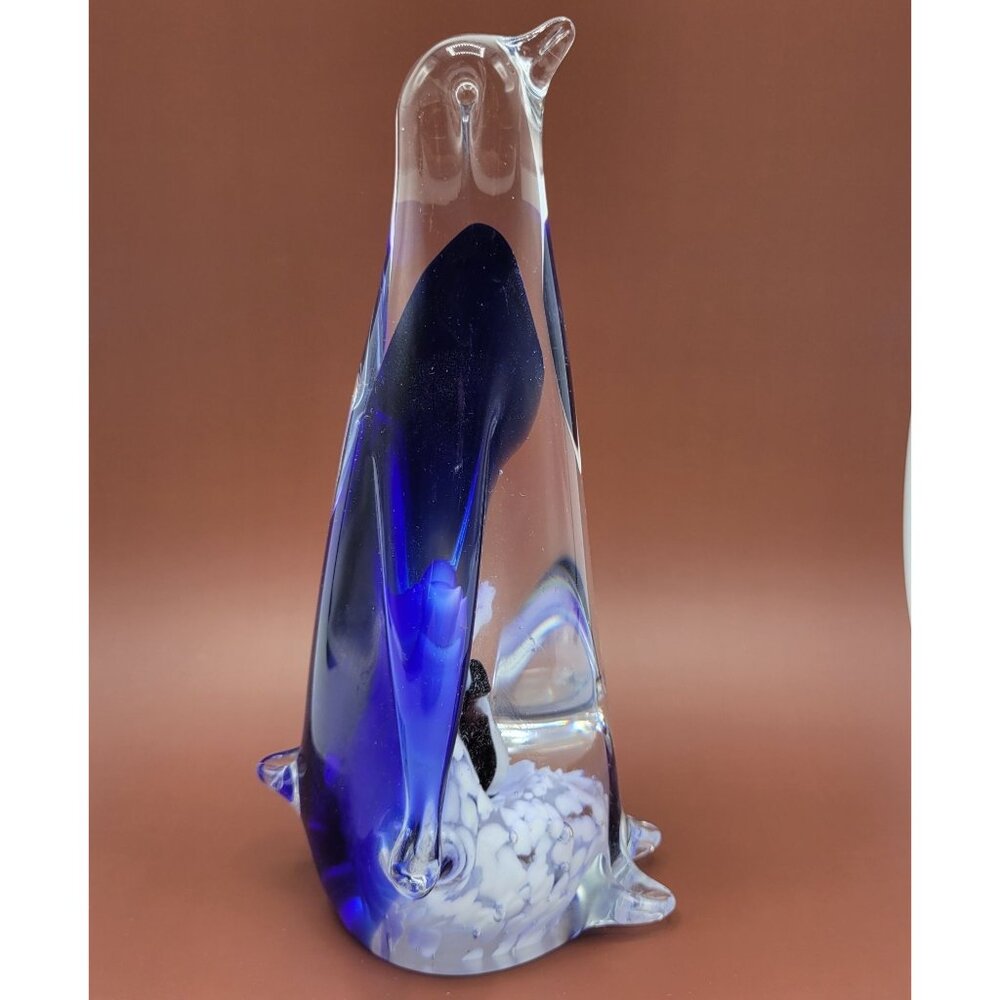 Vintage Art Glass Paperweight Penguin Figurine With Penguins Inside 8" Tall